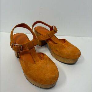Charlotte Stone Orange Platform Shoes with Ankle Strap, Size 9